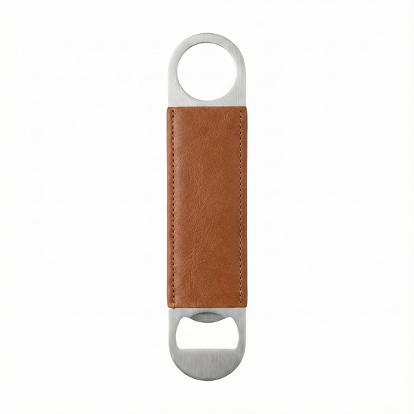 Stainless Steel Flat Bottle Opener Blanks | Yellow-Brown Leather Handle for DIY Engraving